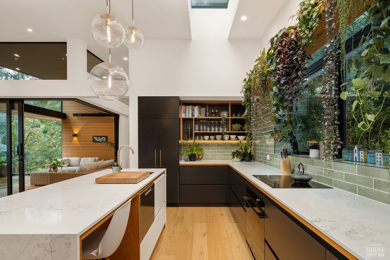 Woodland Escape — Kitchen with skylight and living wall