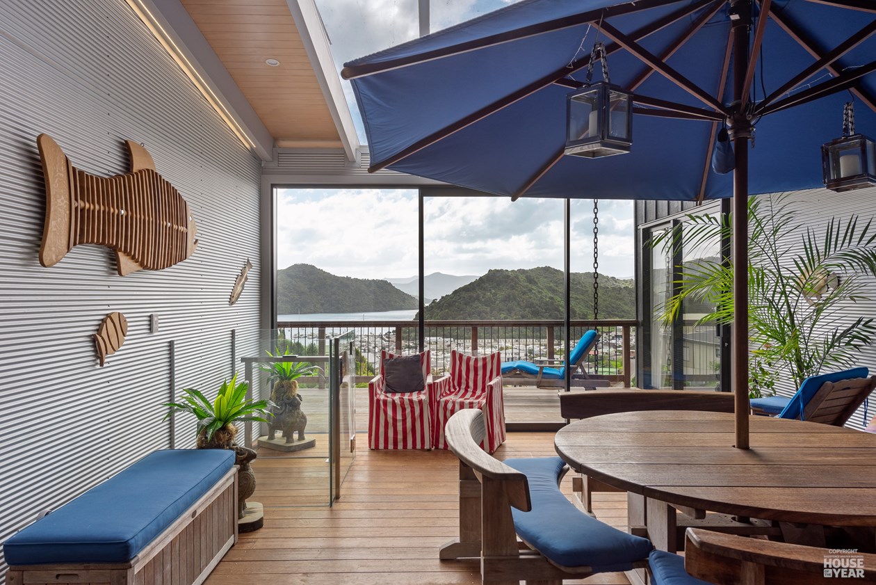 Picton Hillside New Build — Sheltered outdoor entertaining deck